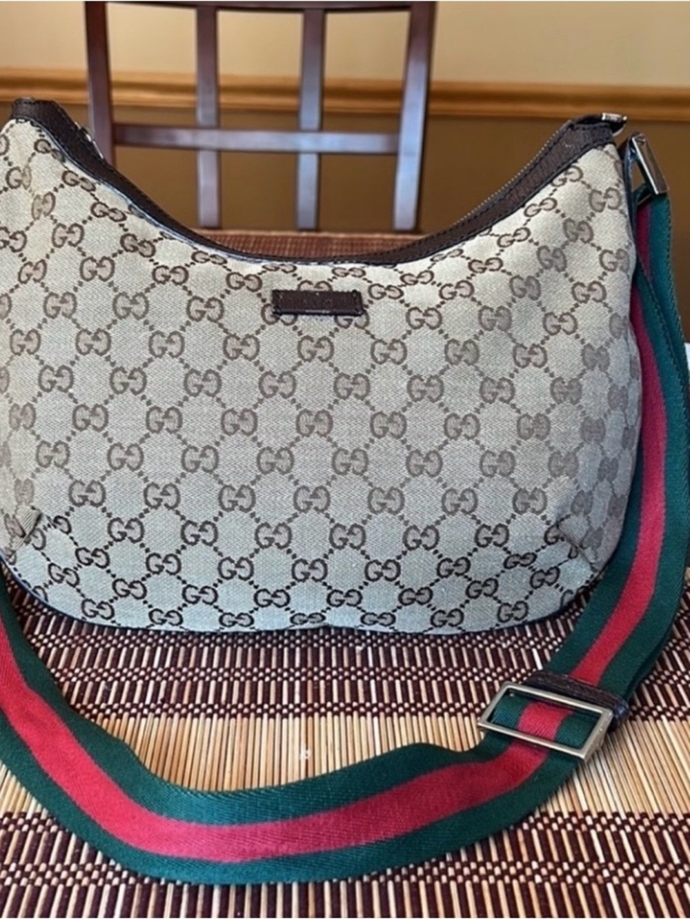 Authentic Gucci Monogram Canvas Hobo Bag with Signature Web Strap